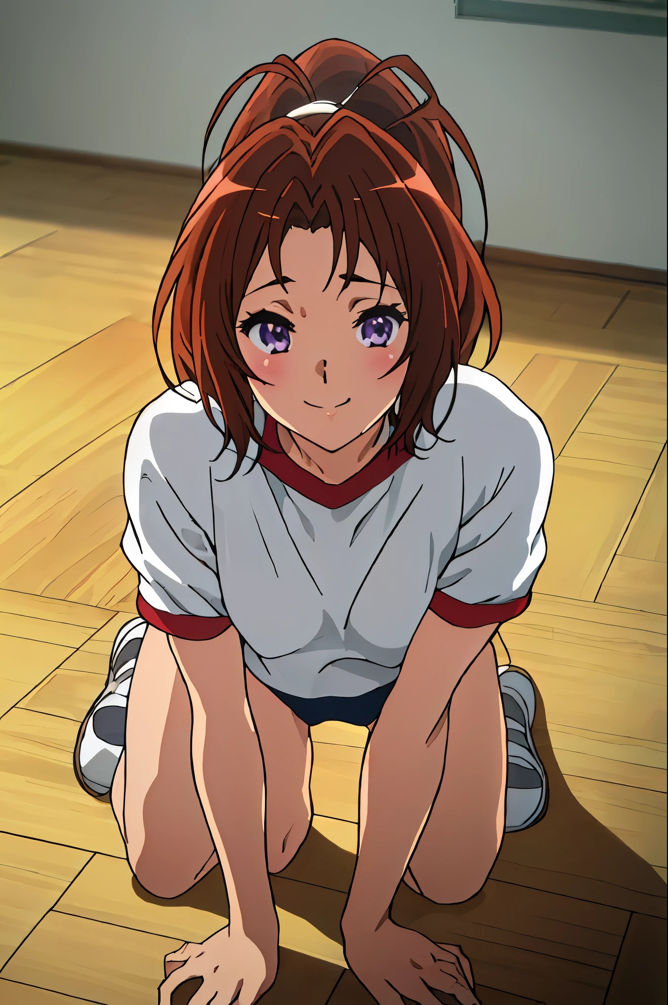 (Illustration:0.8), extra detailed face, Perfect Lighting, extremely details CG, (Perfect hands, Perfect Anatomy),high resolution,perfect anatomy,cinematic lighting,anime keyvisual,super detailed skin,super detailed eyes,white skin ,highest quality, masterpiece, expensiveres, alone, {Nakagawa_natsuki_sound euphonium:1.15}, Brown_hair, ponytail, length_hair, purple_eye ,smile  ,(((black buruma, school, gym shirts, white t-shirts, gym uniform, Photo of girl in wooden floor school gym room))),all fours,crawling,