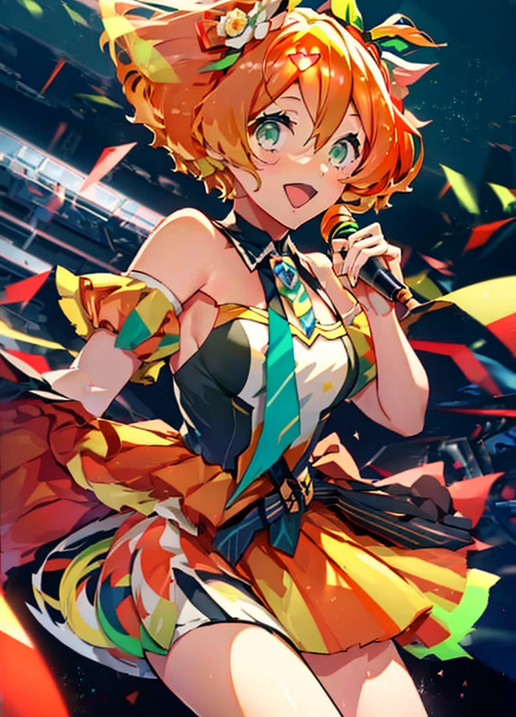 Freya Wion, Macross Delta Freyavion, short hair,hair color(Yellow 1,red orange 8,Yellow 1), (green eyes:1.5), hair ribbon, , bob cut,Red floral pattern idol style Japanese clothes,mini skirt,short boots、stage,smile,singing with open mouth,アイドル歌手がライブstageで熱狂的に歌うシーンのイラスト. アイドル歌手がstage中央に立っている. The idol singer has her hair up and is wearing a headset.. An idol singer holds a microphone and sings. The idol singer's expression is serious and impressive. The singer's voice is strong and beautiful. stageの周りにはファンが集まる. Fans are singing and dancing with idol singers.,全身
break looking at viewer, break (masterpiece:1.2), highest quality, High resolution, unity 8k wallpaper, (figure:0.8), (beautiful and detailed eyes:1.6), highly detailed face, perfect lighting, Very detailed CG, (perfect hands, perfect anatomy),