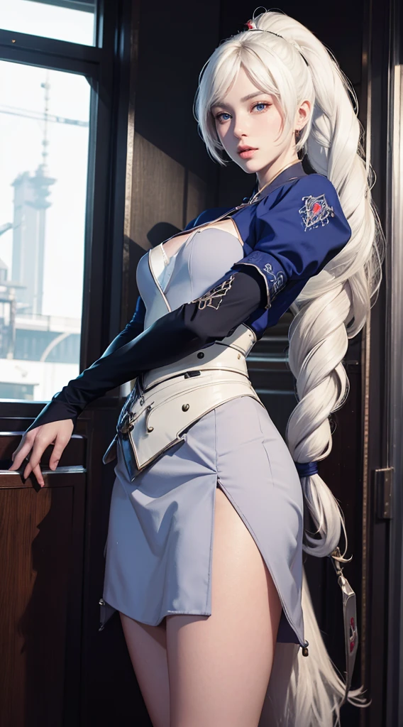 masterpiece, (standing:1.1), dynamic pose, heart shaped face, elegant face, beautiful face, highly detailed face, highly detailed skin, skin pores, subsurface scattering, realistic pupils, looking at viewer, full lips, depth of field, sharp focus, absurdres, realistic proportions, good anatomy, (realistic, hyperrealistic:1.4), 16k hdr, weiss schnee, standing in train, long white hair, side ponytail