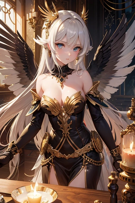 In an oil painting characterized by a similar syntax and descriptive style, a steampunk lustrous harpy captivates the viewer's attention. The main subject of this artwork is a mythical bird-woman hybrid with mechanical wings, ornate copper and bronze gears intricately woven into her plumage. The image is a highly detailed and vividly colored painting, exuding a sense of depth and texture. The harpy's metallic feathers shine with a lustrous sheen, reflecting the warm glow of the surrounding gas lamps. With piercing, gem-like eyes, the harpy gazes into the distance, her gaze hinting at a mysterious backstory. This stunning image captures the essence of steampunk aesthetic, combining the elegance of the harpy's appearance with the technological marvels of the era. The impeccable craftsmanship and attention to detail make this artwork a true masterpiece, inviting viewers to explore the fascinating world of steam-powered fantasies.