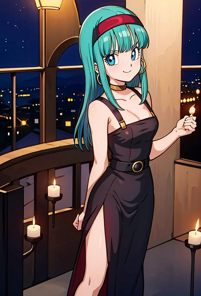 masterpiece, bulla, aqua hair, blue eyes, red hairband, hoop earrings, medium breasts, seductive, candles burning, looking at viewer, black ballroom dress, city, moonlight, night sky, balcony, Light smile, cleavage