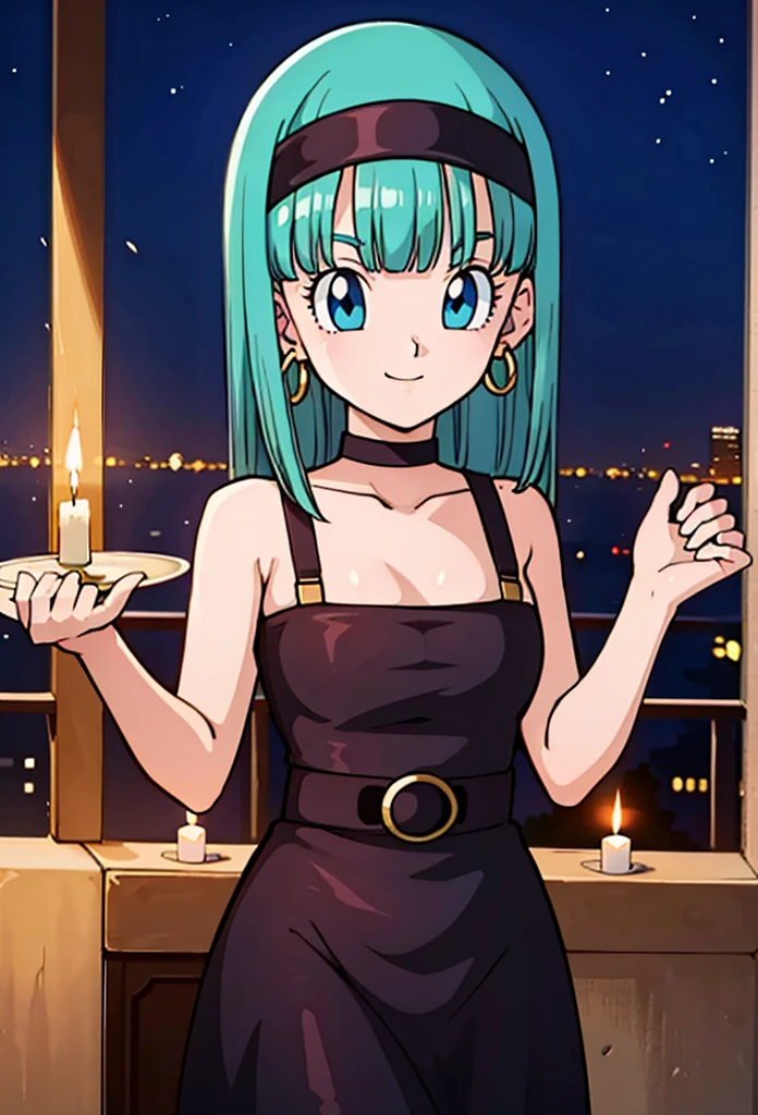 masterpiece, bulla, aqua hair, blue eyes, red hairband, hoop earrings, medium breasts, seductive, candles burning, looking at viewer, black ballroom dress, city, moonlight, night sky, balcony, Light smile, cleavage