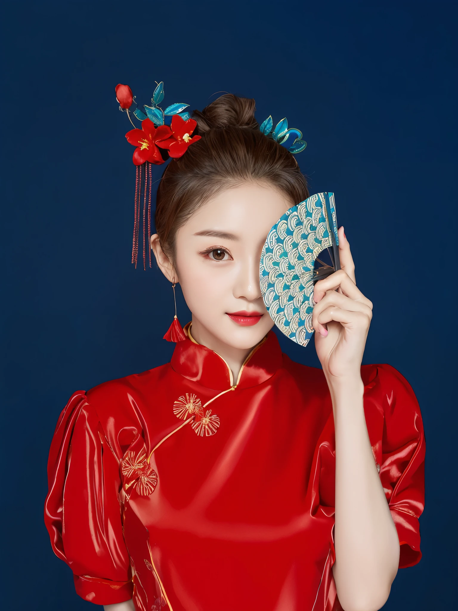 There is a woman in a red dress holding a fan, Match with ancient Chinese costumes, 穿着蓝色On the cheongsam, wearing a red On the cheongsam, On the cheongsam, 穿着蓝色On the cheongsam, Chinese, Chinese outfit, Chinese traditional, Chinese traditional clothing, Chinese woman, On the cheongsam, Wearing ancient Chinese clothes, Red damask and blue gemstones