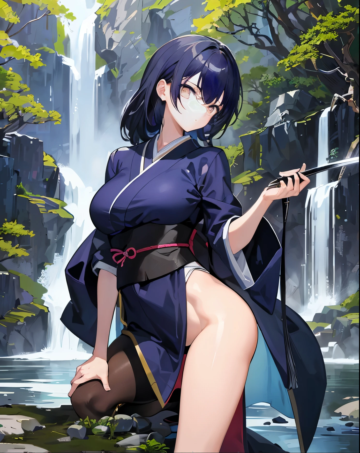 masterpiece of,(perfect anatomy:1.4), best quality, expensive_solve, small details, expensively detailed and beautiful, clear_image、((big breasts))、((one girl)), ((Japanese sword))、(garden with waterfall)、(((ninja)))、(battle garments)