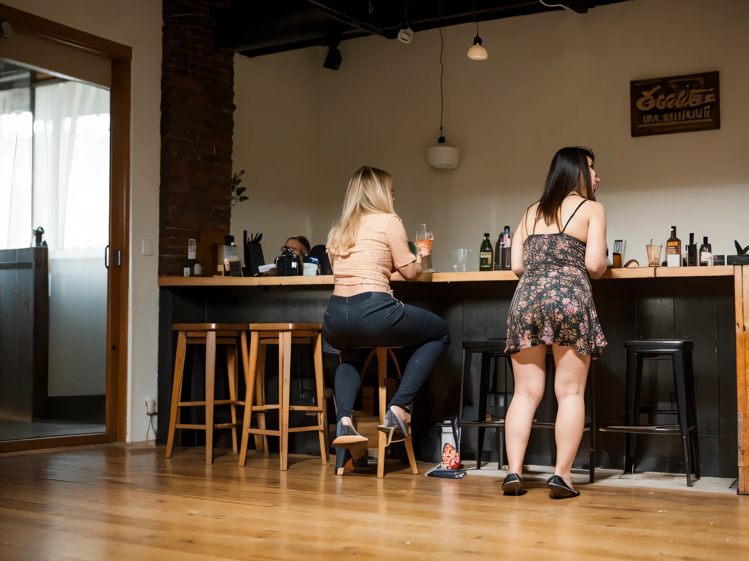 Several very drunk, thick Russian chicks are standing at the bar counter in a bistro in tight clothes that don’t fit their size, drinking alcohol in a deranged state, having difficulty staying on their feet on the verge of orgasm, really wanting to go to the toilet, holding back the urge to urinate, the girl on the left stands in a dress, unconscious from alcohol intoxication, the girl on the right is standing in trousers, she really wants to go to the toilet, the girl on the left is peeing while standing in trousers, omorashi, female pee desperation