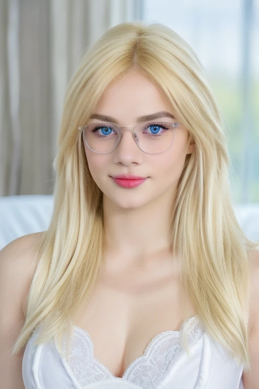 RAW,, Nikon Z 85mm, award-winning glamor photography, ((best quality)), ((masterpiece)), ((realistic)), beautiful russian woman, white lace dress, white skin, 18 years old, ((long blonde hair:1.3)),(thin round glasses), hazel eyes, perky huge breasts, sitting in the bed, eiffel tower in the background, ((huge breasts)), innocent, intricate details, highly detailed, sharp focus, professional, 4k, divine rays, hand model, stunning blue eyes, small, delicate, innocent, high resolution, detailed facial features, high detail, sharp focus, soft , aesthetic, extremely detailed, photo_\(ultra\), photorealistic, realistic, post-processing, maximum detail, roughness, real life, ultra-realistic, photorealism, photography, 8k uhd, photography, SEMHOUETTE light, russian face