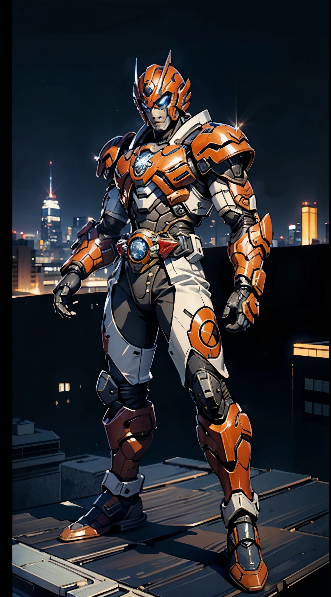 A super a high-tech biotech battle suit, standing on a rooftop, looking over the city, Japanese tokusatsu and American comic style, biometallic texture of the suit, sleek and shiny, dynamic, fast, natural light, cinematic, high quality, high resolution, high detail, sophisticated design, dramatic, high definition, ultra-detailed, ultra-fine painting, extremely delicate, creativity, Natural light, cinematic lighting, best shadow, masterpiece-anatomy-perfect