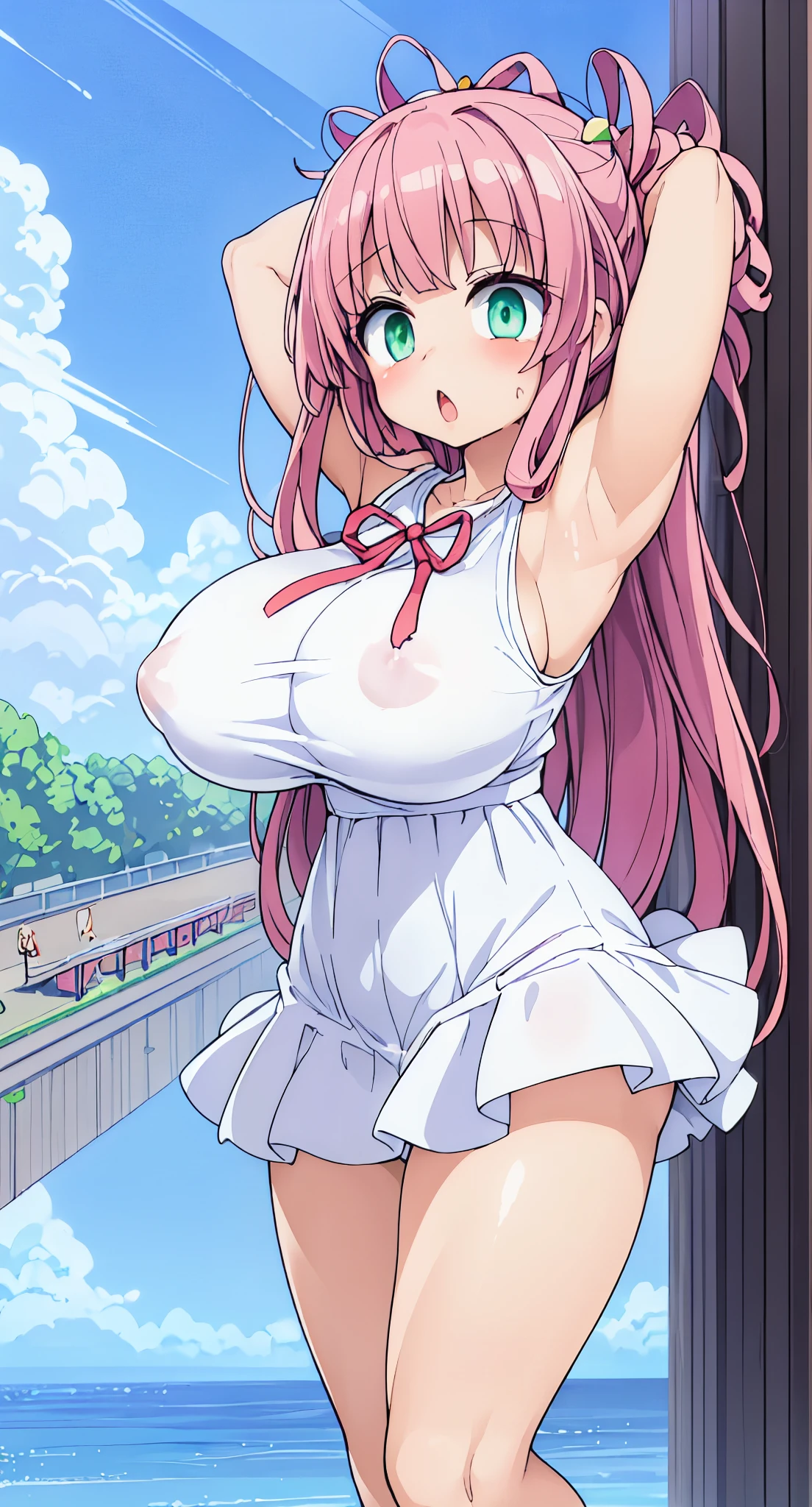 High quality、16 km race、anime screen capture、(NSFW)、((sex))、((((Big breasts that are about to burst))))、((A man grabs my chest))、(obesity)、(thick thighs)、(golden hair)、 Forehead、(Long hair)、(dripping sweat)、((swelling of nipples))、((Desperate))、((Fantasy White Dress))、((green eyes、please put your hands behind your head))、fantasy prison、((spreading legs))、((sad))、Are crying、(((:o)))、((Arms bound in shackles))、