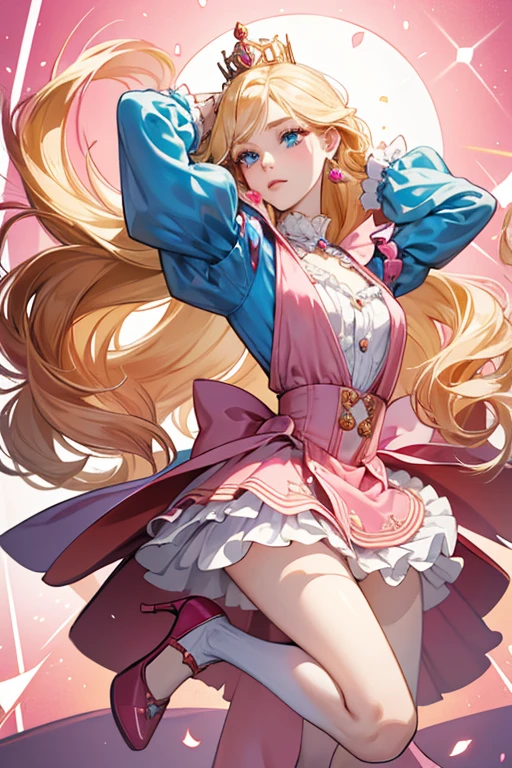 Peach is a woman with long blonde hair, fair skin, and vivid blue eyes, framed by six lashes and small, thin eyebrows. She has an oval face with a pointed chin, a triangular nose and full pink lips. Her hair has a triangular bang in the center of her forehead, two rows of flips on her back, and two split sideburns framing her face. She wears a pink floor-length dress with puffy sleeves, magenta panniers at the waist, a high collar and a frill of the same color at the hem. Peach wears a set of pink bloomers under her dress. Peach wears a golden crown with red and blue gems, blue spherical earrings, and an oval blue brooch on her chest. She wears long white opera gloves and red heels.