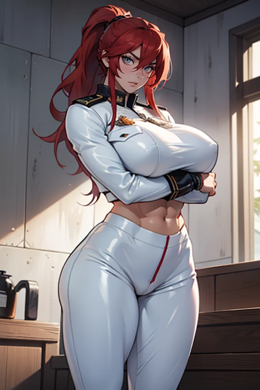 anger, (((((alone girl))))), ((Muscular girl toned body huge breasts)), (((abundant, gigantic breasts, large areolae))), (((abundant, perfect muscular body 1.5))), ((chiseled abs, 10 pack abs, long legs、muscular thighs, big hug long saggy tits, 非常に筋肉質なlong legs)), long silky red hair, long ponytail, big lapis lazuli eyes, white skin, ((white latex military uniform)), standing ceremony