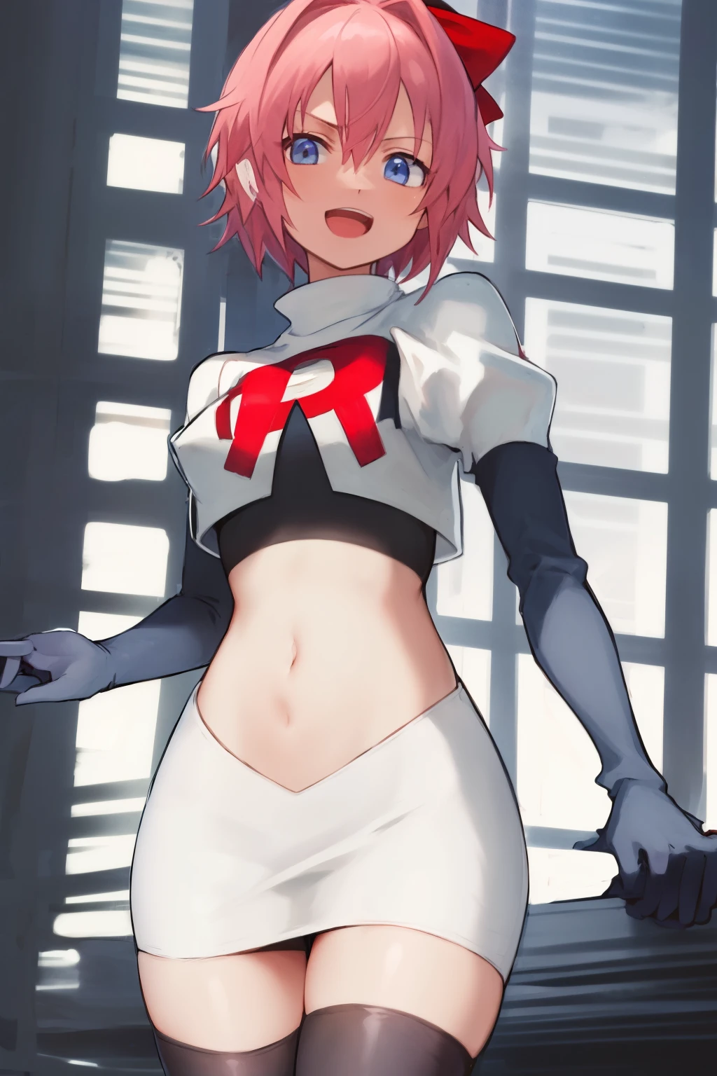 2d, masterpiece, best quality, anime, highly detailed, cowboy shot, 1girl, solo, sayori, blue eyes, pink hair, short hair, hair bow, red bow, :d, team rocket,team rocket uniform,white skirt,red letter R,crop top,black thigh-highs,black elbow gloves