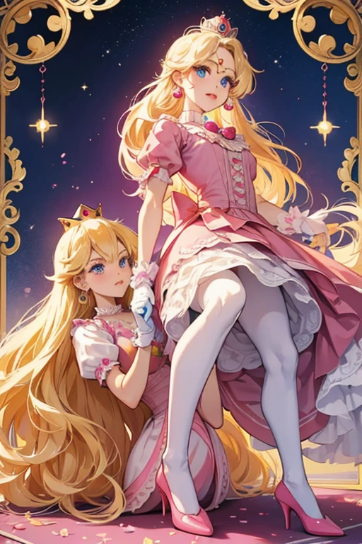 Peach from Mario Bros. Peach is a woman with long blonde hair, fair skin, and vivid blue eyes, framed by six lashes and small, thin eyebrows. She has an oval face with a pointed chin, a triangular nose and full pink lips. Her hair has a triangular bang in the center of her forehead, two rows of flips on her back, and two split sideburns framing her face. She wears a pink floor-length dress with puffy sleeves, magenta panniers at the waist, a high collar and a frill of the same color at the hem. Peach wears a set of pink bloomers under her dress. Peach wears a golden crown with red and blue gems, blue spherical earrings, and an oval blue brooch on her chest. She wears long white opera gloves and red heels.