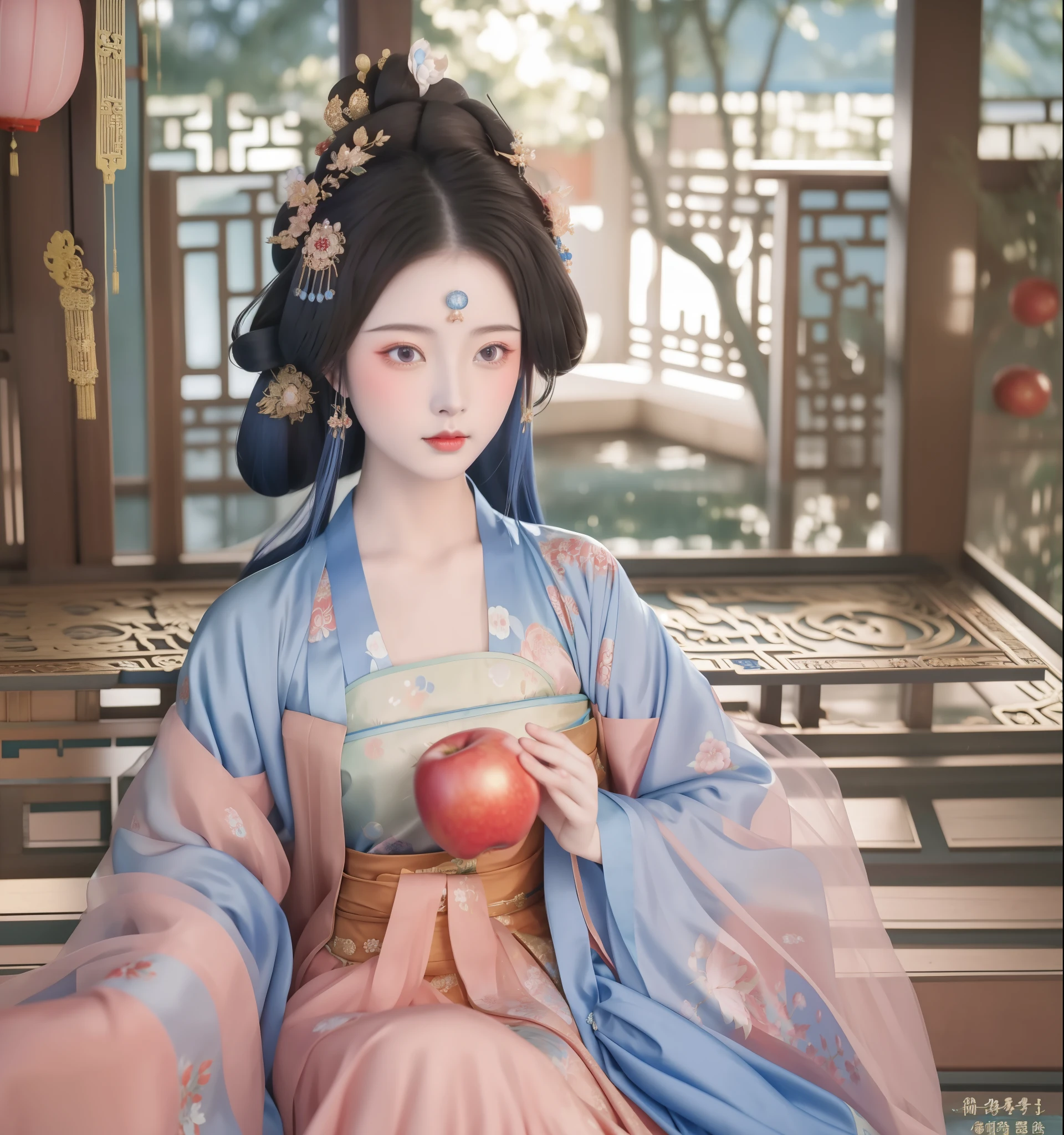 anime girl in a blue kimono dress holding a red apple, a beautiful fantasy empress, ((a beautiful fantasy empress)), palace ， a girl in hanfu, ancient chinese princess, beautiful render of tang dynasty, inspired by Qiu Ying, inspired by Lan Ying, full body xianxia, inspired by Ma Yuanyu, inspired by Tang Yifen, chinese empress