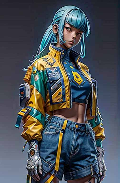 An asian blue hair girl, beautiful, wearing an yellow jacket, cropped white shirt, blue denim shorts, beautiful face, full body, colouful, cosmic, futuristic, detailed, golden hour, iridescent, vibrant, mark brooks, frank frazetta, david mann, kilian eng, jeff koons, digital paiting, surrealism, octane render, trending on artstation