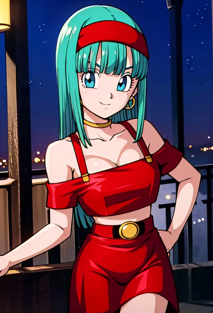 masterpiece, bulla, aqua hair, blue eyes, red hairband, hoop earrings, medium breasts, seductive, looking at viewer, red off-shoulder dress, r3dOffshOuld3r, moonlight, night sky, balcony, Light smile, cleavage