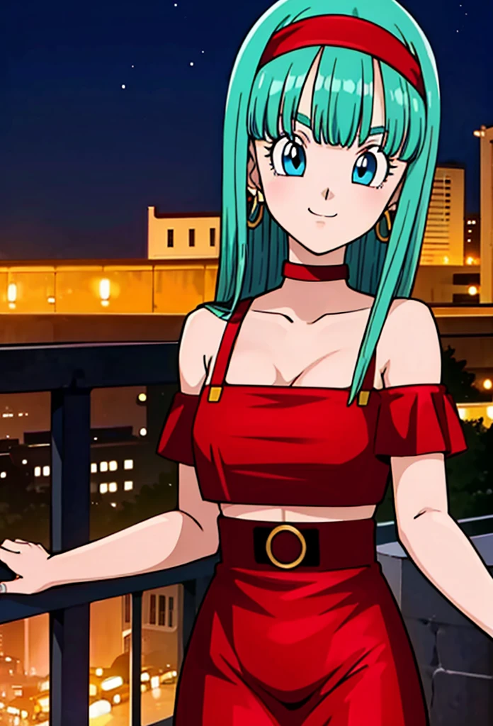 masterpiece, bulla, aqua hair, blue eyes, red hairband, hoop earrings, medium breasts, seductive, looking at viewer, red off-shoulder dress, r3dOffshOuld3r, moonlight, night sky, balcony, Light smile, cleavage