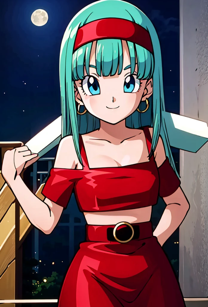 masterpiece, bulla, aqua hair, blue eyes, red hairband, hoop earrings, medium breasts, seductive, looking at viewer, red off-shoulder dress, r3dOffshOuld3r, moonlight, night sky, balcony, Light smile, cleavage