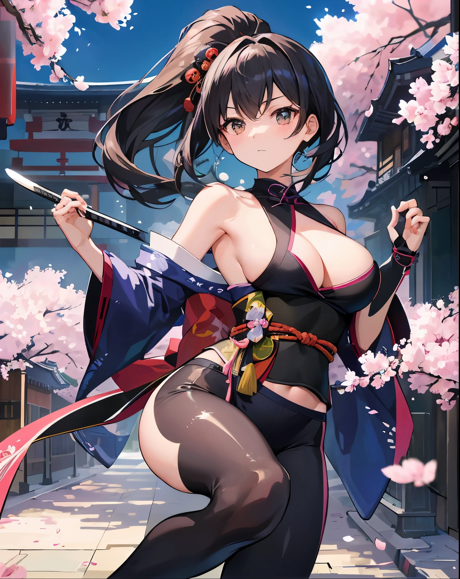 masterpiece of,(perfect :1.4), best quality, expensive_solve, small details, expensively detailed and beautiful, clear_image、((big breasts))、((one girl)), ((Japanese sword))、(Cherry blossoms are dancing)、(main street)、(((ninja)))、(battle garments)