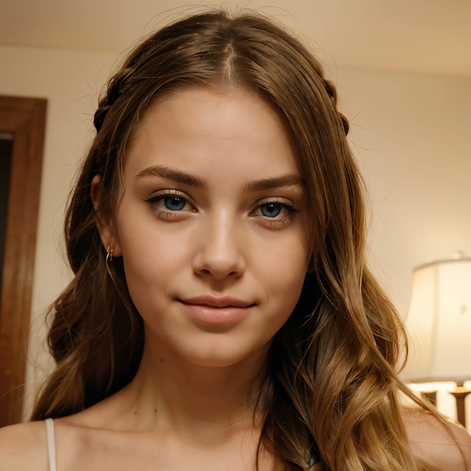 Young woman of 20 years extremely beautiful blue eyes blonde with long hair with two braids on her head small nose wide and beautiful lips beautiful and sensual smile sexy and penetrating look from light skin color.