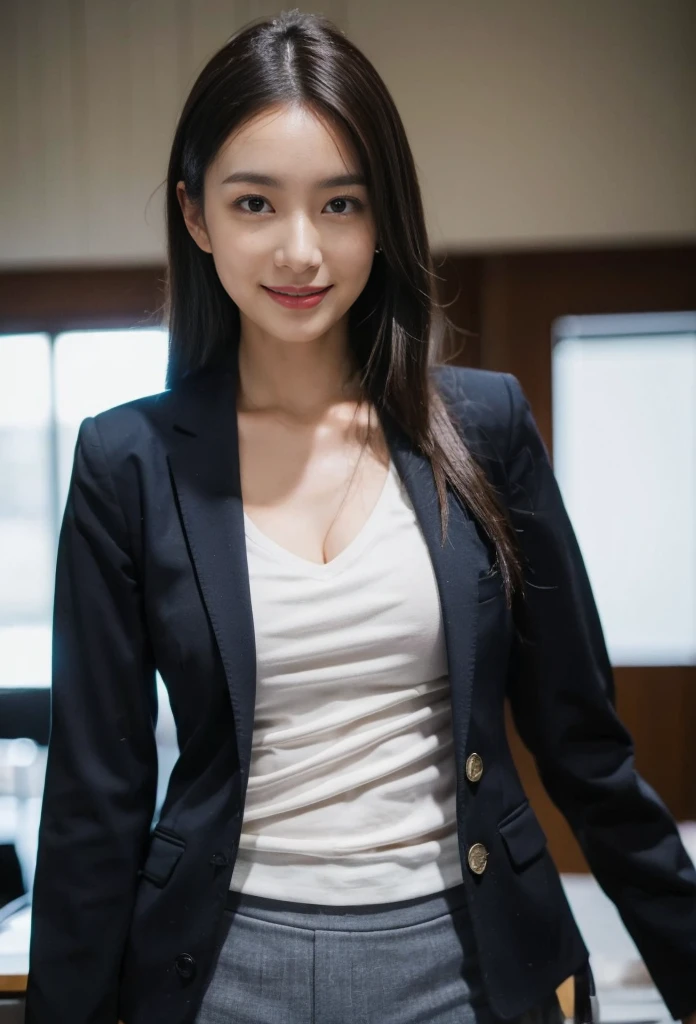 (on the table, best quality, realistically, Super detailed, meticulous, high resolution, 8k wallpaper), Close-up portrait of a beautiful woman, Chariada, smiling, light brown messy hair, Perfect dynamic composition, 美丽meticulous的眼睛, Just like the cover of a fashion magazine, On campus