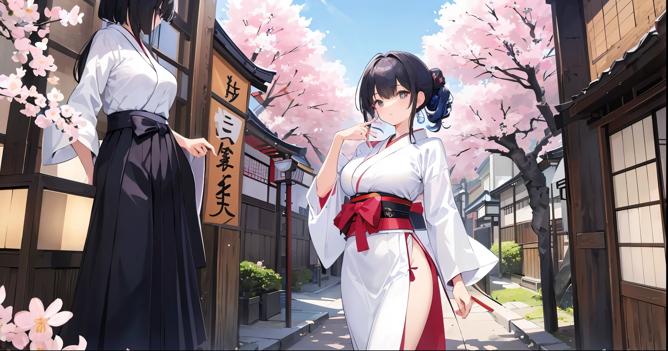 masterpiece of,(perfect anatomy:1.4), best quality, expensive_solve, small details, expensively detailed and beautiful, clear_image、((big breasts))、(hakama)、((one girl)), ((Japanese sword))、(Cherry blossoms are dancing)、(main street)、(((ninja)))、(battle garments)