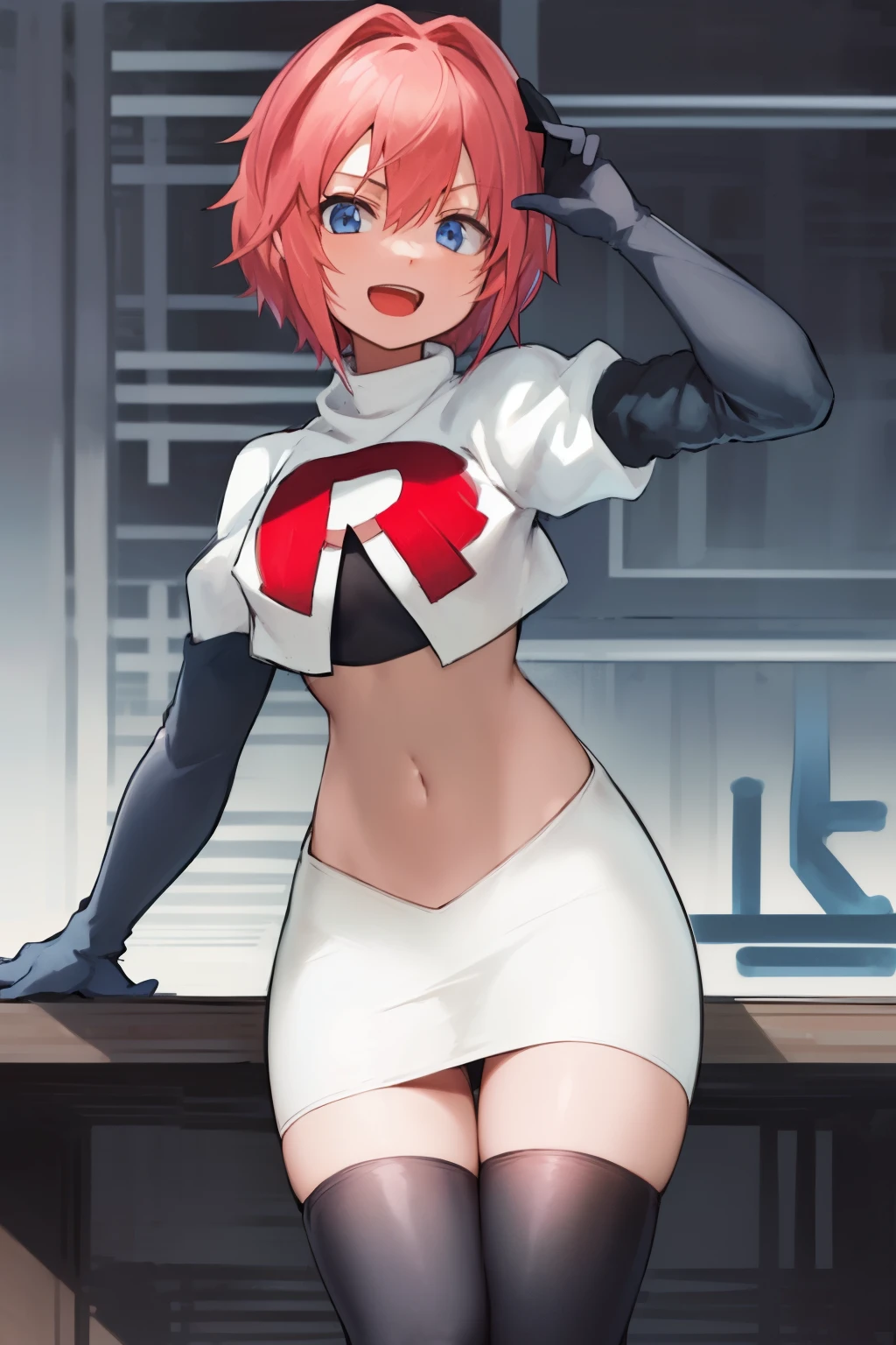 2d, masterpiece, best quality, anime, highly detailed, cowboy shot, 1girl, solo, sayori, blue eyes, pink hair, short hair, hair bow, red bow, :d, team rocket,team rocket uniform,white skirt,red letter R,crop top,black thigh-highs,black elbow gloves 