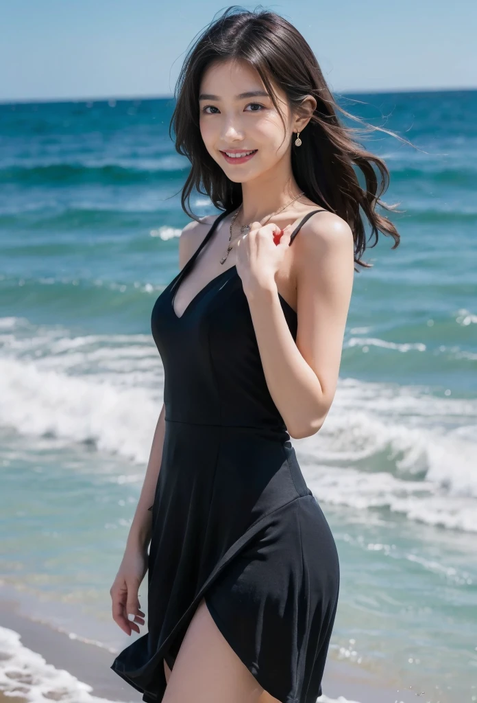 (Best Quality, Hyper Real, Ultra HD), Full Body, Wearing a Stylish Summer Dress, 20s Idol, Black Tights, Glossy, Beauty, Beautiful Eyes, Smile Expression, Best Skin Type, Background is Beach