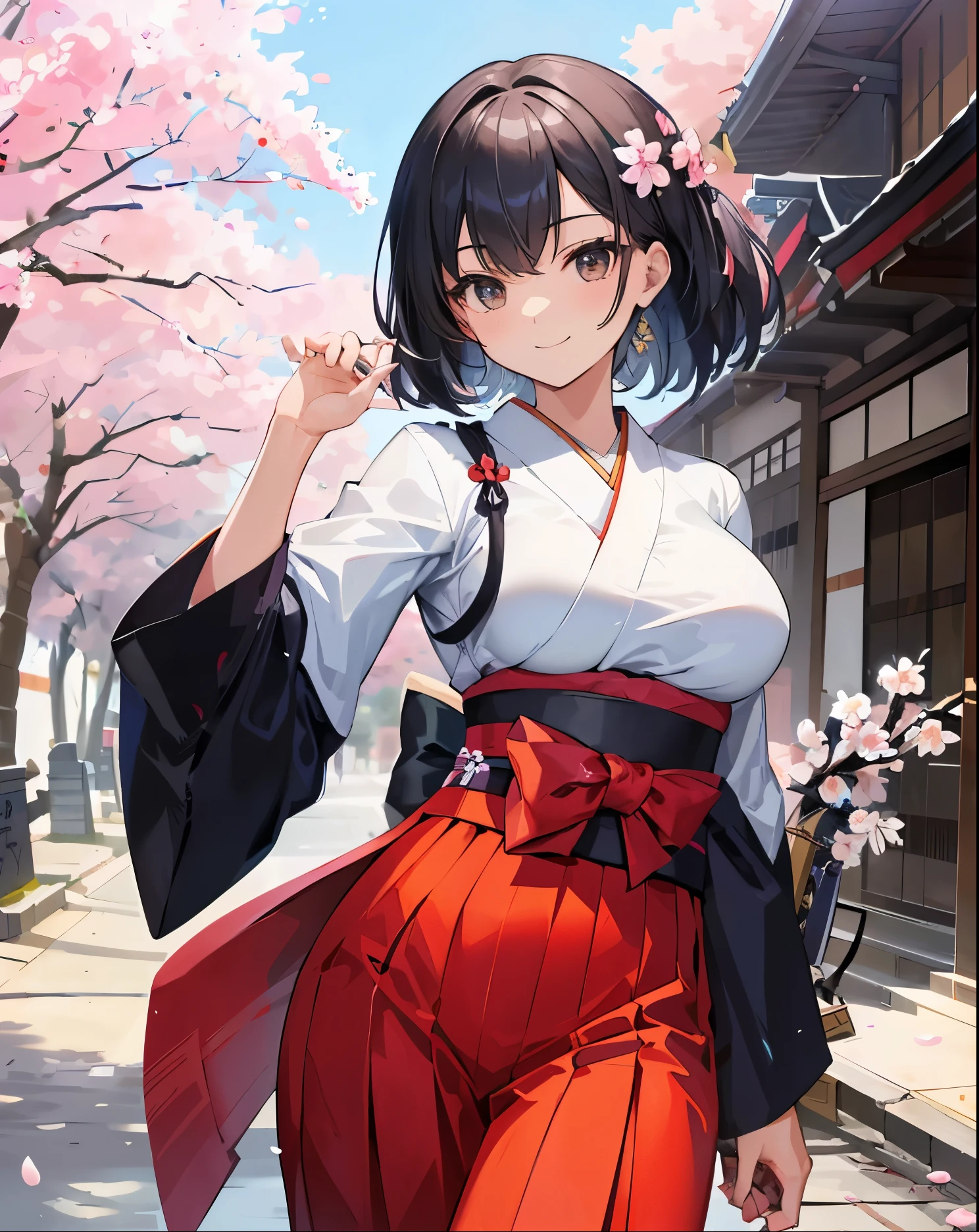 masterpiece of,(perfect anatomy:1.4), best quality, expensive_solve, small details, expensively detailed and beautiful, clear_image、((big breasts))、(smile)、(hakama)、((one girl)), ((Japanese sword))、(Cherry blossoms are dancing)、(main street)、(((ninja)))、(battle garments)