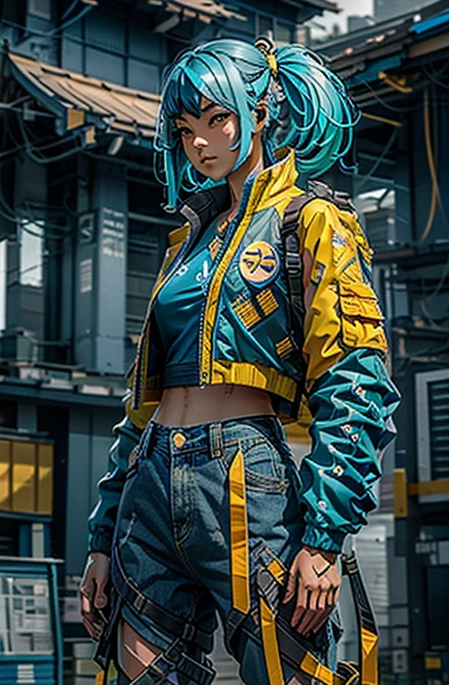 An asian blue hair girl, beautiful, wearing an yellow jacket, cropped white shirt, blue denim shorts, beautiful face, full body, colouful, cosmic, futuristic, detailed, golden hour, iridescent, vibrant, mark brooks, frank frazetta, david mann, kilian eng, jeff koons, digital paiting, surrealism, octane render, trending on artstation