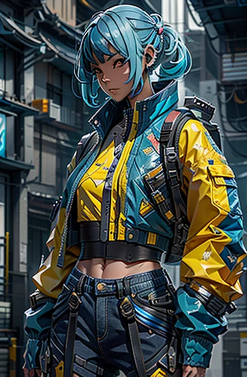 An asian blue hair girl, beautiful, wearing an yellow jacket, cropped white shirt, blue denim shorts, beautiful face, full body, colouful, cosmic, futuristic, detailed, golden hour, iridescent, vibrant, mark brooks, frank frazetta, david mann, kilian eng, jeff koons, digital paiting, surrealism, octane render, trending on artstation