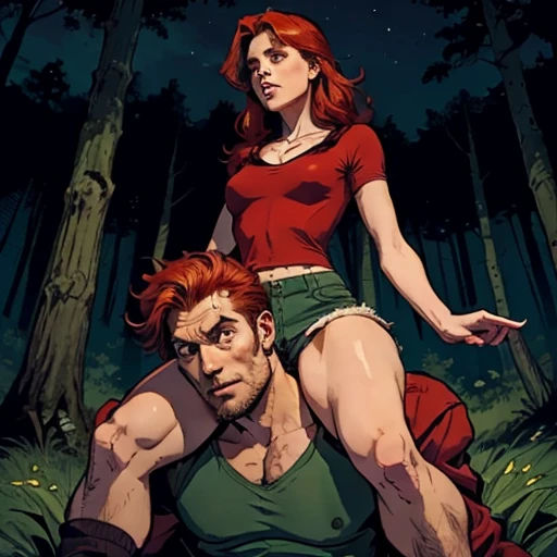 Two people in a forest at night. A "leggy redhaired woman in short shorts" is "woman on top" woman on deadman's shoulders" " "sitting on his shoulders" "woman is holding deadman's head" "man got scared expression" "he drolls" ""sitting onto shoulders". the man's back is against a tree, man neck broken.
