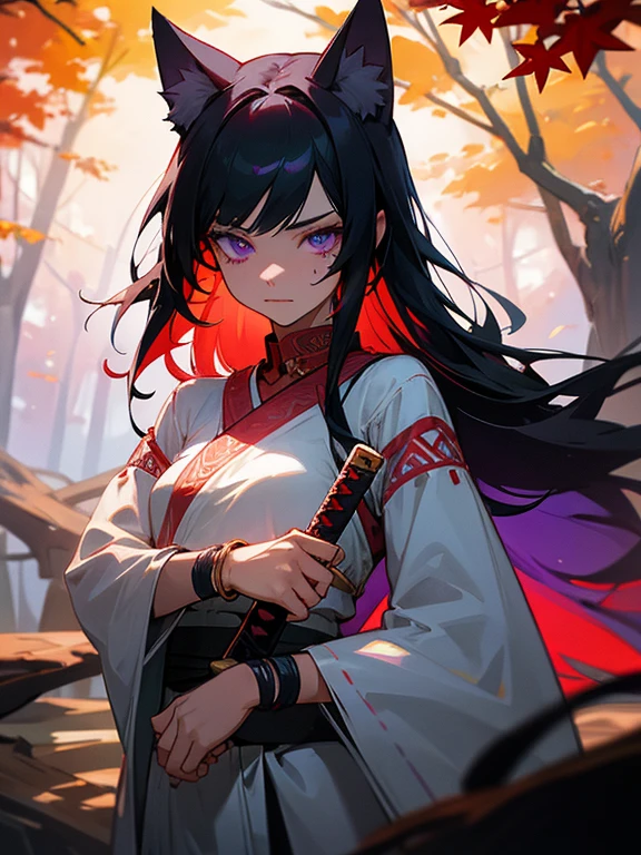 ultra-detailed, woman, cat ears, violet eyes, black hair, long hair, wears white clothes with red decorations, on her left arm she has no sleeves, on her left arm she has red tribal tattoos, she wears a gold bracelet on her left hand, on her hand right he wears a red bracelet, holding a katana, cloth and a tree in autumn, face, ethereal lighting, mystical atmosphere, vibrant colors