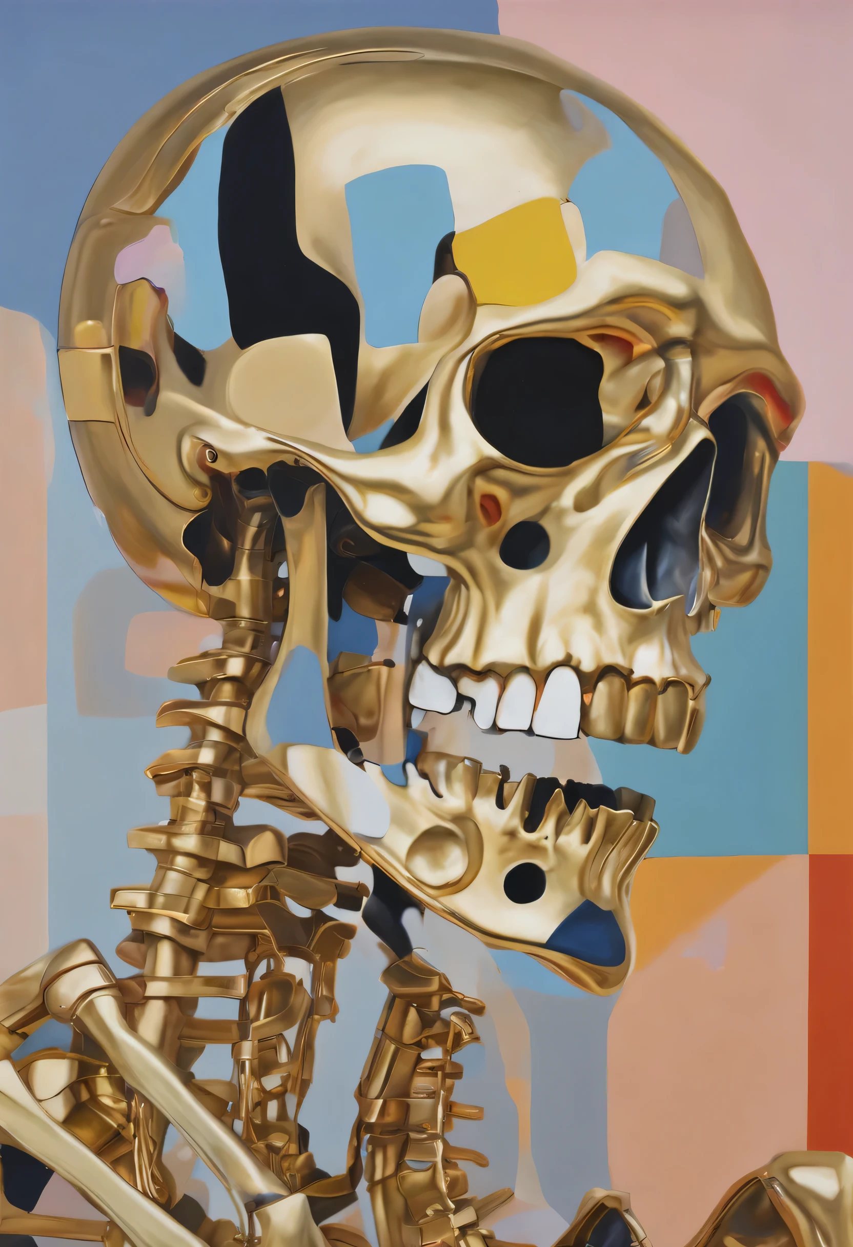 A painting of an skeleton wearing gold hoop earrings, abstract style, painted by George Condo, george condo style