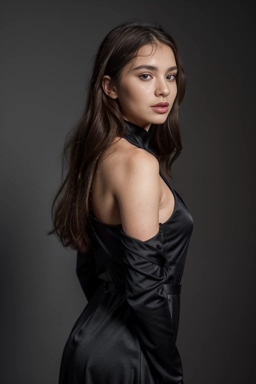 ((best quality)), ((masterpiece)), (detailed), perfect face realistic photo of beautiful woman with long dark brown hair, Russian, influencer, light freckles, dark brown eyes, big lips, no makeup, instagram, in a black dress standing in front of a gray background, inspired by Slava Raškaj, reddit, long luxurious gown, minimal bodycon feminine costume, with shoulder pads, trending on r/techwearclothing, clay, evening formal robes, elevation, assymetrical, skyline, jungle gown, elongated arms, chic, product photo, dark tone, dressed