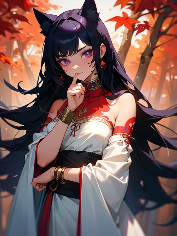 ultra-detailed, woman, cat ears, violet eyes, black hair, long hair, wears white clothes with red decorations, on her left arm she has no sleeves, on her left arm she has red tribal tattoos, she wears a gold bracelet on her left hand, on her hand right he wears a red bracelet, cloth and a tree in autumn, face, ethereal lighting, mystical atmosphere, vibrant colors
