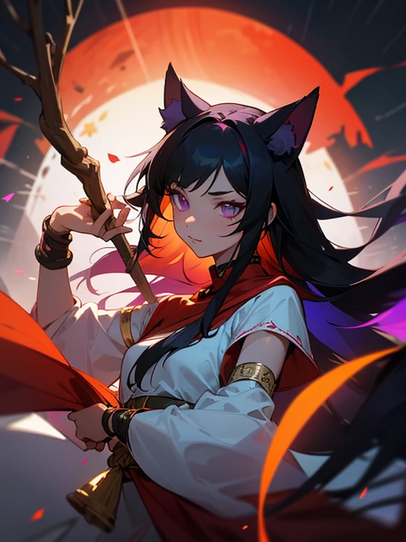 ultra-detailed, woman, cat ears, violet eyes, black hair, long hair, wears white clothes with red decorations, on her left arm she has no sleeves, on her left arm she has red tribal tattoos, she wears a gold bracelet on her left hand, on her hand right he wears a red bracelet, cloth and a tree in autumn, face, ethereal lighting, mystical atmosphere, vibrant colors