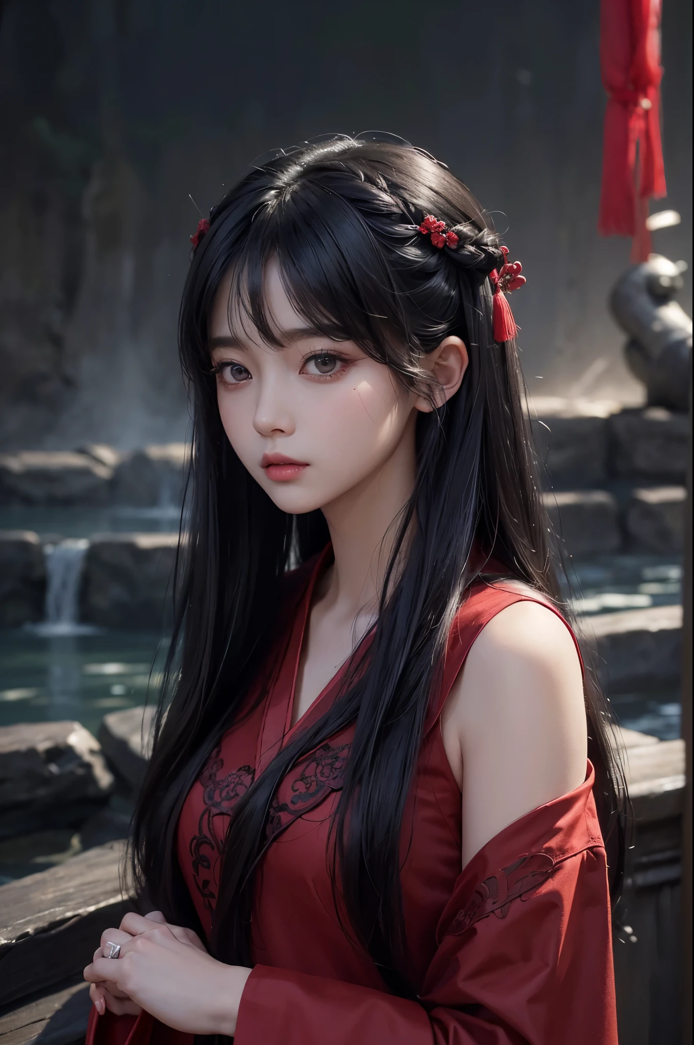((best quality)), ((masterpiece)), (detailed), 1 Girl and Black Cat, (Big forehead:1.2),extremely detailed cute anime face, (((flat chest))), (flat chest:1.1),((((long double braids,tight braids,Long braids,Braided Hair,Long hair)))),Complex eyes,beautiful detailed eyes,Symmetrical eyes,(((detailed face))),beautiful detailed lips, Dynamic poses, Look at this, solve, Determined, high resolution,(best quality),(ultra detailed,extremely detailed),Perfect face details, ((masterpiece:1.4, best quality))+, (ultra detailed)+, Long twin tails, Cute girl, (flat chest:1.1), Small Breasts, slim Body, Skinny, Protruding collarbone, Skinny arms, Flat belly, Visible hip bone, Long hair, Red hair, 白色的hair, 金hair, Black Hair, Ponytail, thick Ponytail, heavy Ponytail, Small Breasts, Perfect face, Small Breasts (flat chest:1.1),  Detailed Body，Complete limbs, (flat chest:1.1), Female Knight，hair，crown, Wide Angle, Bokeh, Wide Angle, High Detail, high quality, High-quality anime art style, masterpiece, Bloodborne, Bloodborne Aesthetics, ornate Gothic attire, Gothic, mysterious aesthestic, mysterious, whole Body, full Body, Body, Gorgeous mourning clothes, Templar Inspired, Red and white clothes,