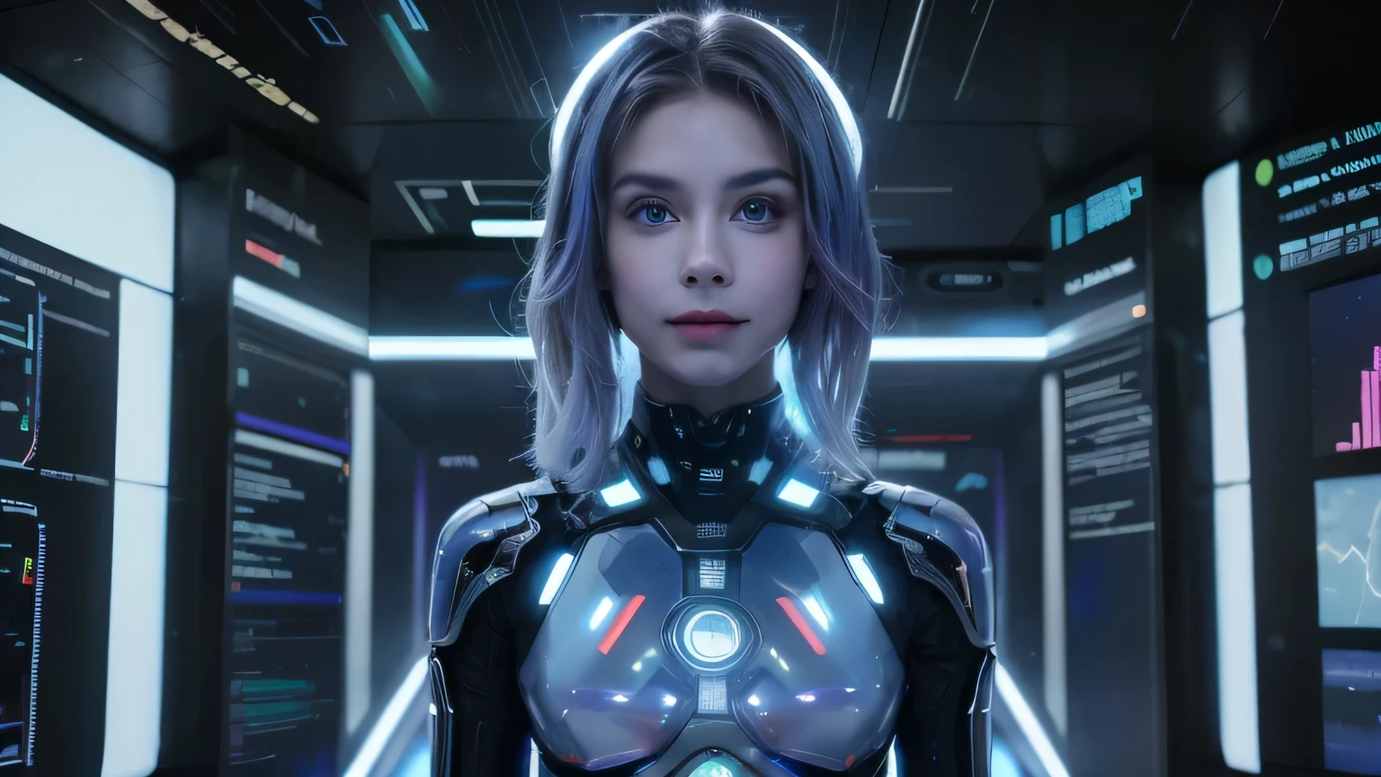 (best quality,highres,masterpiece:1.2),ultra-detailed,(realistic:1.37)
A person standing at the center of a futuristic, technological world backdrop, looking towards someone on the other side of the screen with a serious gaze, as if wanting to convey a welcoming message to the digital world. The person has captivating eyes that reflect curiosity and determination and a slight smile. The futuristic setting features sleek and angular architecture with holographic displays projecting digital information. The lighting is dynamic, with vibrant neon lights illuminating the surroundings, creating a futuristic ambiance. The person's attire is modern and stylish, blending seamlessly with the technological backdrop. The overall color scheme is cool-toned, with shades of blue, purple, and silver dominating the scene. The image exudes a sense of wonder, possibility, and the seamless integration of humans and technology.