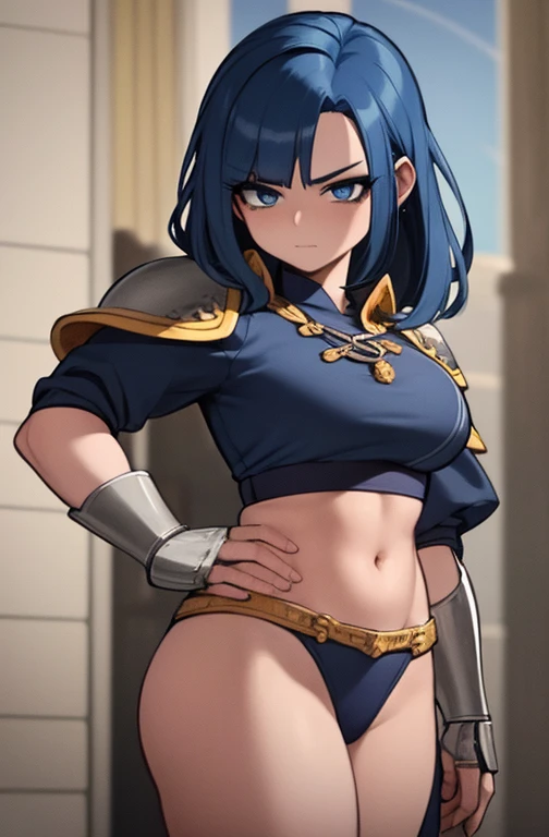Obra maestra, la mejor calidad, manos bien detalladas Imagen 4k,HD,, anime style of a girl with blue hair and she is short and muscular, blue eyes and well detailed, she wears medieval armor more 