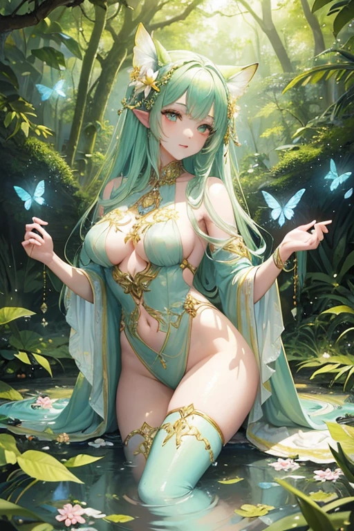 A gracefully ethereal nymph with luminous golden hair and shimmering emerald eyes, her delicate figure adorned with intricate floral tattoos, evoking a sense of ancient beauty. In this stunning painting, the nymph stands amidst a sun-drenched forest, surrounded by vibrant blossoms and vibrant butterflies. The image captures the perfect balance between realism and fantastical whimsy, showcasing the exquisite detailing and flawless brushstrokes that bring the nymph to life. The overall composition exudes a sense of enchantment, immersing viewers in the mystical realm of mythology and captivating their imagination.