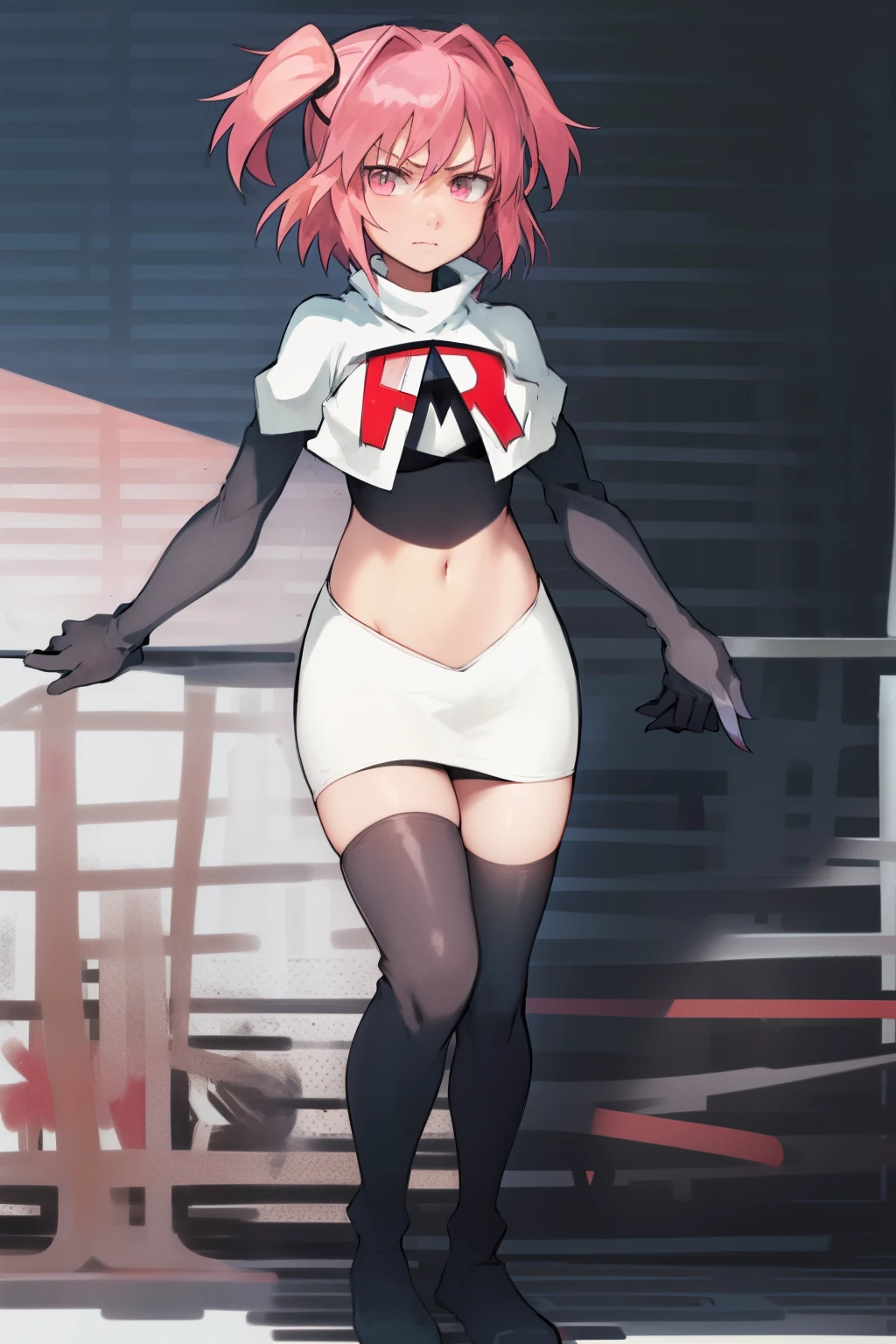 2d, masterpiece, best quality, anime, highly detailed, cowboy shot, 1girl, solo, natsuki, pink eyes, pink hair, medium hair, two side up, hair ribbon, hair ornament, pouty lips,  team rocket,team rocket uniform,white skirt,red letter R,crop top,black thigh-highs,black elbow gloves
