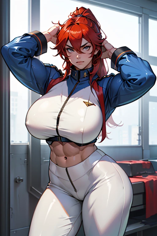 anger, (((((alone girl))))), ((standing ceremony)), (((looking up at viewer))), ((Muscular girl toned body huge breasts)), (((abundant, gigantic breasts, large areolae))), (((abundant, perfect muscular body 1.5))), (Abs that stand out in clothes), ((chiseled abs, 10 pack abs)), long legs、muscular thighs, big hug long saggy tits, 非常に筋肉質なlong legs)))), long silky red hair, long ponytail, big lapis lazuli eyes, white skin, ((white latex military uniform)),