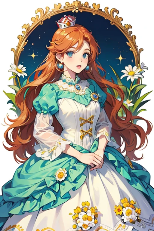 Daisy from Mario Bros. Daisy she had long ginger hair, a flower motif to her white and yellow dress, light skin, and a red crown. This outfit also included flower accessories such as a black flower brooch, flower earrings, and even flower jewels on her crown. The daisy-motif has only changed once since - a teal-blue color was added.