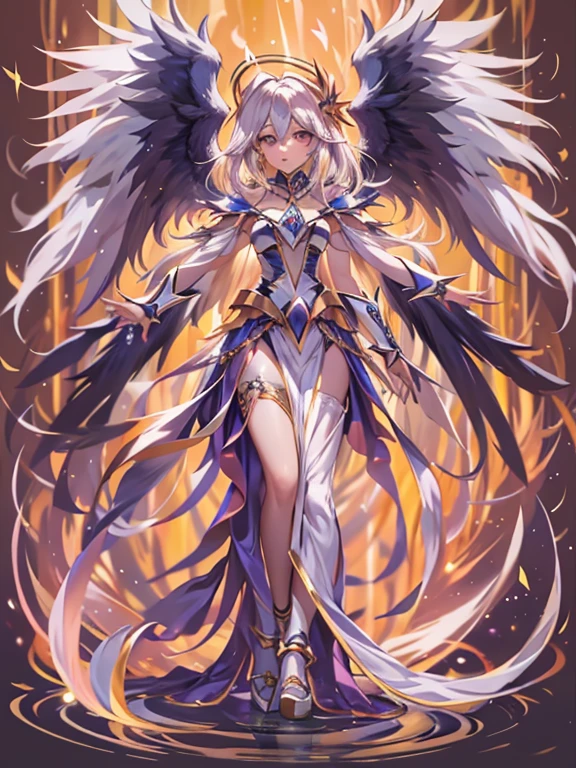 1 mujer dark magician:2 Celestial angel version:1 extendiendo sus alas:3 con un abrigo de plumas blancas, Alas llenas de espalda, Halo radiante, Cabello largo que fluye, Mechanical wings dancing delicately at the waist, Figura mediana, Ombligo hundido, curtains of white feathers in the pelvis moving slightly, mini alas salpicando el cuerpo, multiple wings that emit a yellow glow, fuego amarillo suave entre las alas. Beautiful dark magician girl celestial angel version.