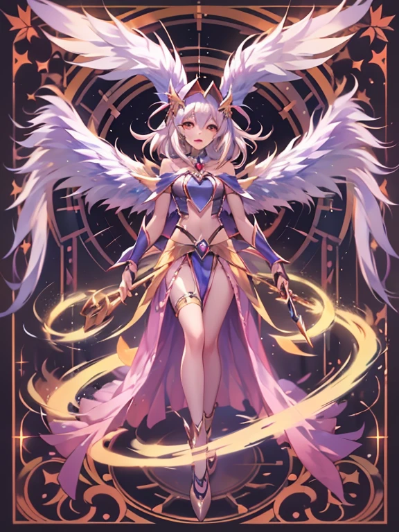1 mujer dark magician:2 Celestial angel version:1 extendiendo sus alas:3 con un abrigo de plumas blancas, Alas llenas de espalda, Halo radiante, Cabello largo que fluye, Mechanical wings dancing delicately at the waist, Figura mediana, Ombligo hundido, curtains of white feathers in the pelvis moving slightly, mini alas salpicando el cuerpo, multiple wings that emit a yellow glow, fuego amarillo suave entre las alas. Beautiful dark magician girl celestial angel version.