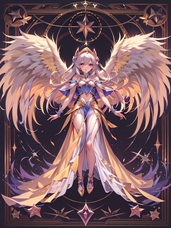 1 mujer dark magician:2 Celestial angel version:1 extendiendo sus alas:3 con un abrigo de plumas blancas, Alas llenas de espalda, Halo radiante, Cabello largo que fluye, Mechanical wings dancing delicately at the waist, Figura mediana, Ombligo hundido, curtains of white feathers in the pelvis moving slightly, mini alas salpicando el cuerpo, multiple wings that emit a yellow glow, fuego amarillo suave entre las alas. Beautiful dark magician girl celestial angel version.