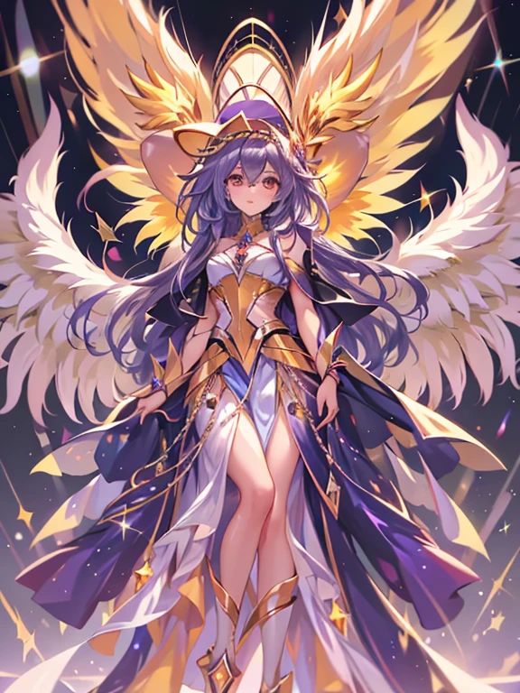 1 mujer dark magician:2 Celestial angel version:1 extendiendo sus alas:3 con un abrigo de plumas blancas, Alas llenas de espalda, Halo radiante, Cabello largo que fluye, Mechanical wings dancing delicately at the waist, Figura mediana, Ombligo hundido, curtains of white feathers in the pelvis moving slightly, mini alas salpicando el cuerpo, multiple wings that emit a yellow glow, fuego amarillo suave entre las alas. Beautiful dark magician girl celestial angel version.