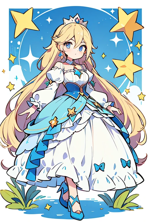 Rosalina from Mario Bros. She also has a yellow star brooch at the top of her pale turquoise dress, purple nail-polish, and silver heels. The end of her sleeves are powder-blue, and her hair is shiny pale-cinnamon blonde, which is even more lighter blond than Peach's yellow blonde hair. Rosalina's eyes are cyan-blue, but her right eye cannot be seen as it's covered in her hair. She wears big golden earring which resembles a cross (x). At the bottom of her dress is bluish-white frill, which loops around and makes mountain shape at the bottom