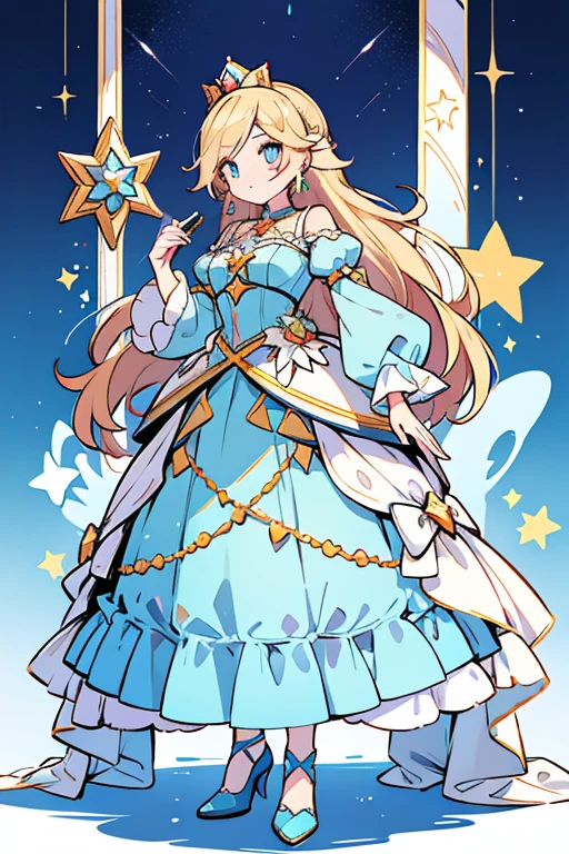 Rosalina from Mario Bros. She also has a yellow star brooch at the top of her pale turquoise dress, purple nail-polish, and silver heels. The end of her sleeves are powder-blue, and her hair is shiny pale-cinnamon blonde, which is even more lighter blond than Peach's yellow blonde hair. Rosalina's eyes are cyan-blue, but her right eye cannot be seen as it's covered in her hair. She wears big golden earring which resembles a cross (x). At the bottom of her dress is bluish-white frill, which loops around and makes mountain shape at the bottom