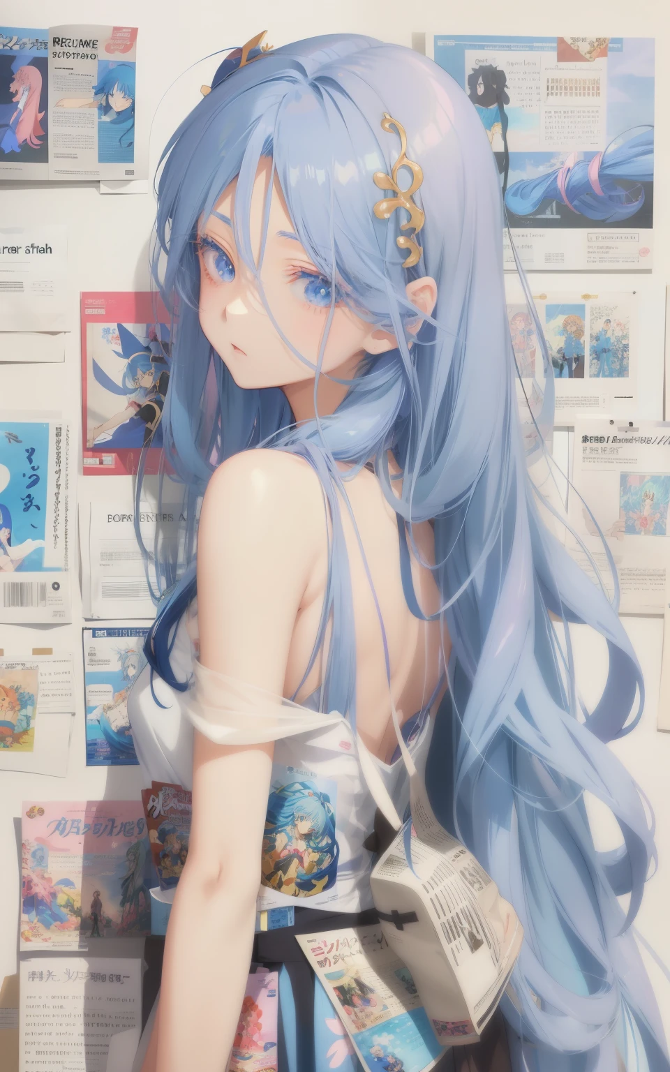 a girl ,(dress covered in crystals:1.3),long blue hair,eyes closed,Put her hands around her chest,(The mirror broke into countless pieces:1.5)